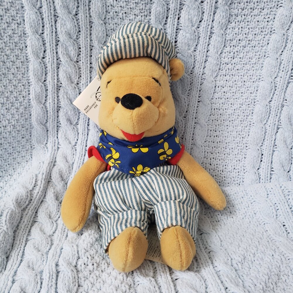 Disney Store Winnie the Pooh 8" Conductor Choo Choo Train Bean Bag Plush